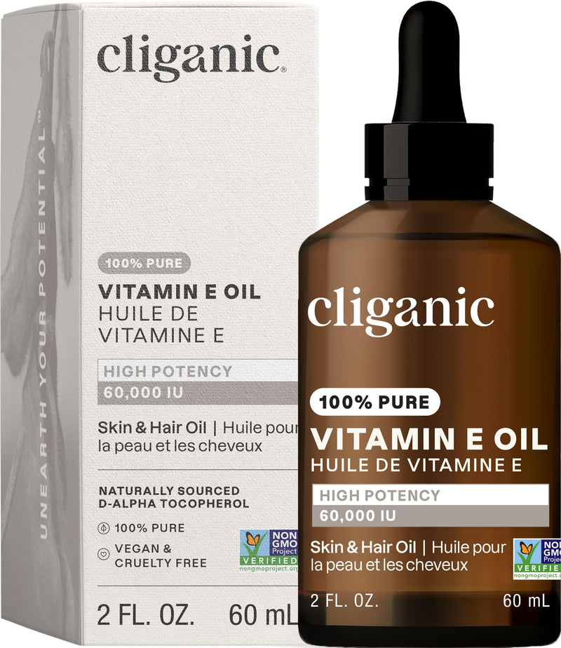 [Australia] - Cliganic Pure Vitamin E Oil for Skin, Scars, Hair & Face - 60,000 IU, Non-GMO Verified | Natural D-Alpha Tocopherol 2 Fl Oz (Pack of 1) 