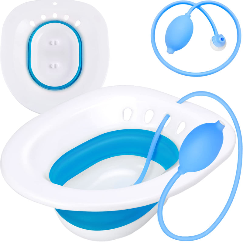 [Australia] - Sitz Bath, Sitz Bath for Hemorrhoids, Sitz Bath for Toilet Seat, Postpartum Care, Sits Bath Kit for Women, Collapsible, Flusher Hose, Drain Holes, Wider Seating Area, Deeper Bowl Blue + Flusher 