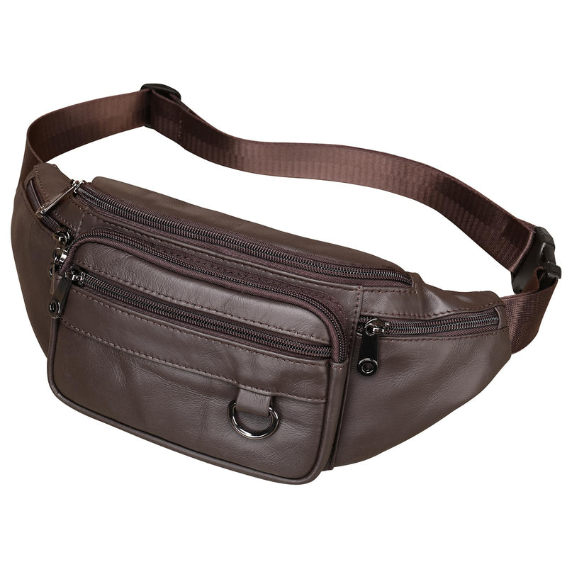 Genuine Leather Fanny Pack HandMade Durable cowhide Waist Bag Lots of Anti-theft zipper pocket Coffee