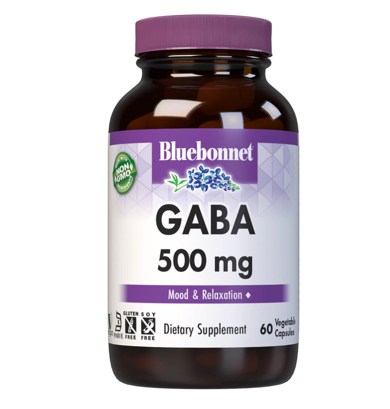 BlueBonnet Nutrition GABA 500 mg, 60 Vegetable Capsules | For Stress Relief & Supports Relaxation; Non-GMO, Vegan, Kosher, Gluten-Free, Soy-Free 60 Count (Pack of 1)
