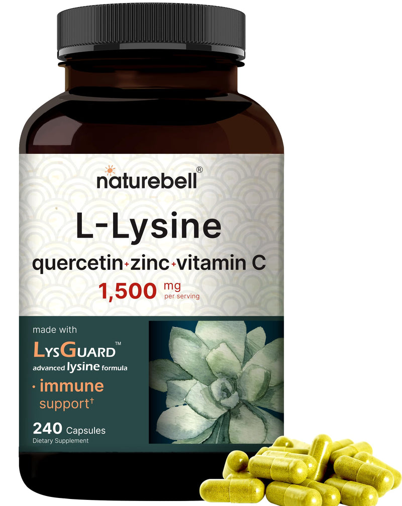 [Australia] - NatureBell L-Lysine 1,000mg Capsules + Quercetin 250mg with Vitamin C and Zinc, 240 Count | Free Form Amino Acids, L Lysine Complex | Immune Support, Lip & Skin Health Supplement 