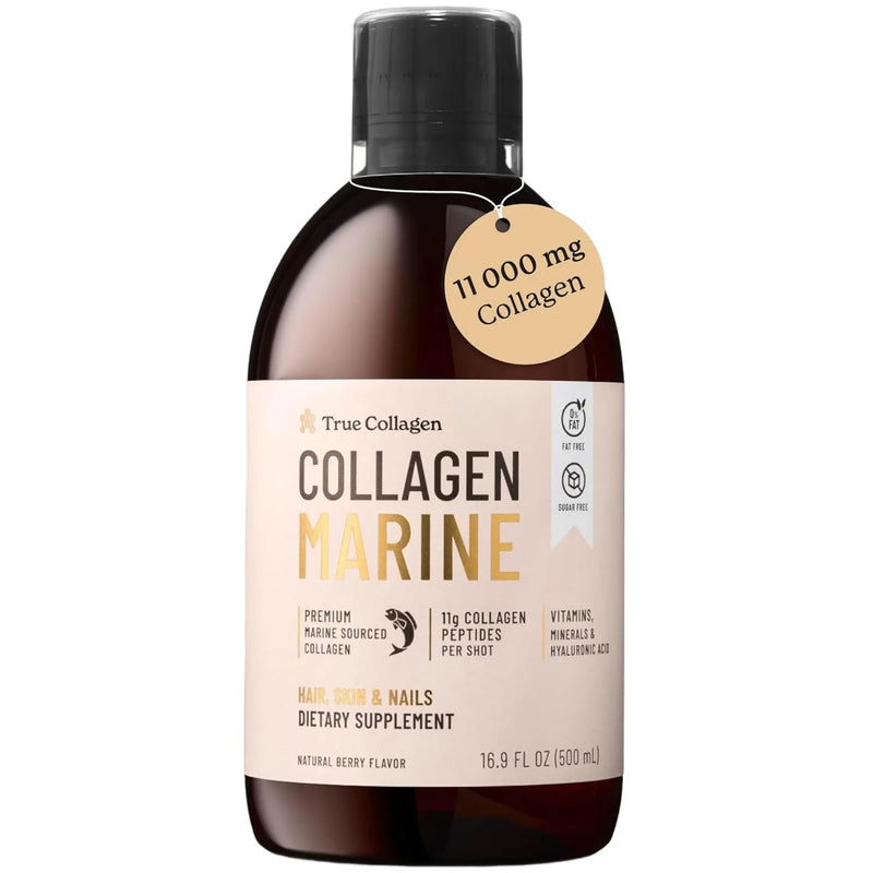 True Collagen Marine 11,000 mg Hydrolyzed Liquid, 500 ml, 20 Day | 11,000mg Type 1 & 3 hydrolyzed collagen with hyaluronic acid, biotin & vitamin C for healthy hair, skin, joints & nails True Collagen Marine 500ml
