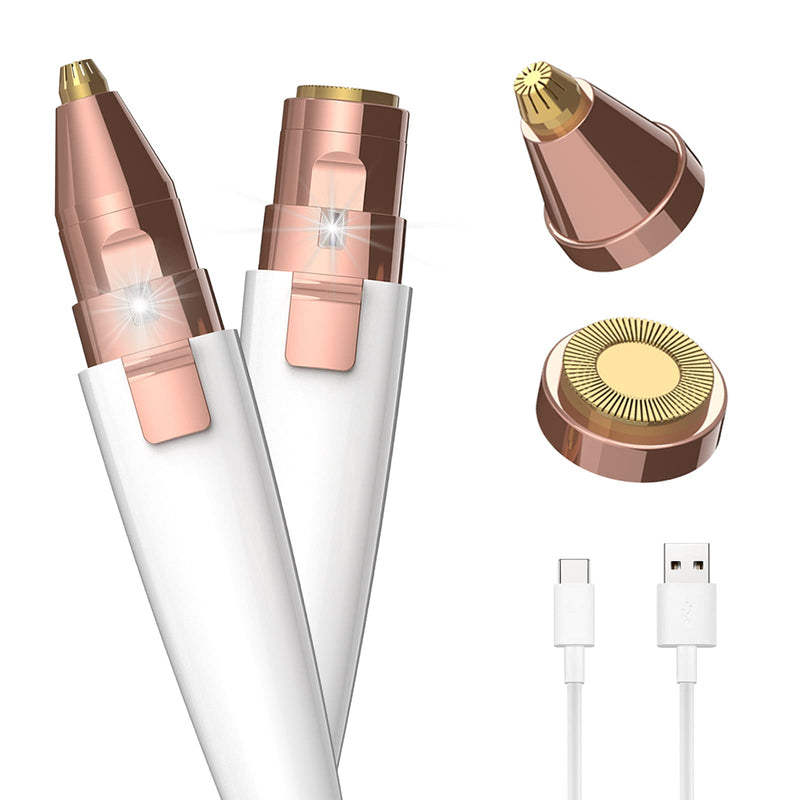 [Australia] - Eyebrow Razor,Facial Hair Removal for Women, (USB Rechargeable), 2 in 1 Eyebrow Trimmer and 100% Painless Hair Remover with Light for Nose, Lips, Face, Body White 