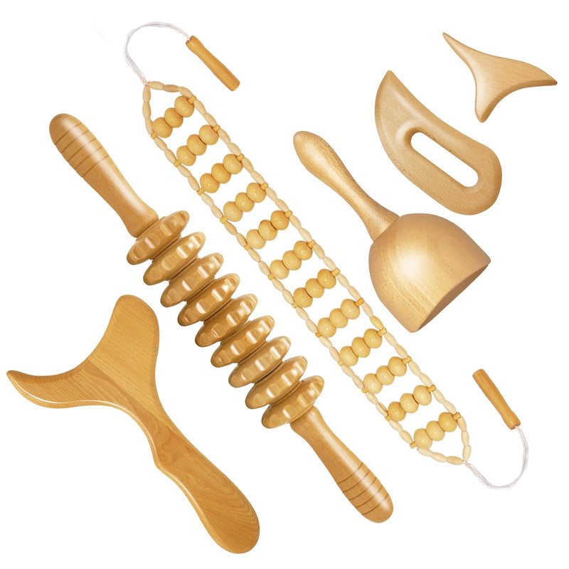 [Australia] - AICNLY 6Pcs Wood Therapy Massage Tools for Body Shaping, Multi-Functional Body Roller for Anti-Cellulite and Sore Muscle, Wooden Massage Roller Stick, Maderoterapia kit, Body Sculpting Tools Set 