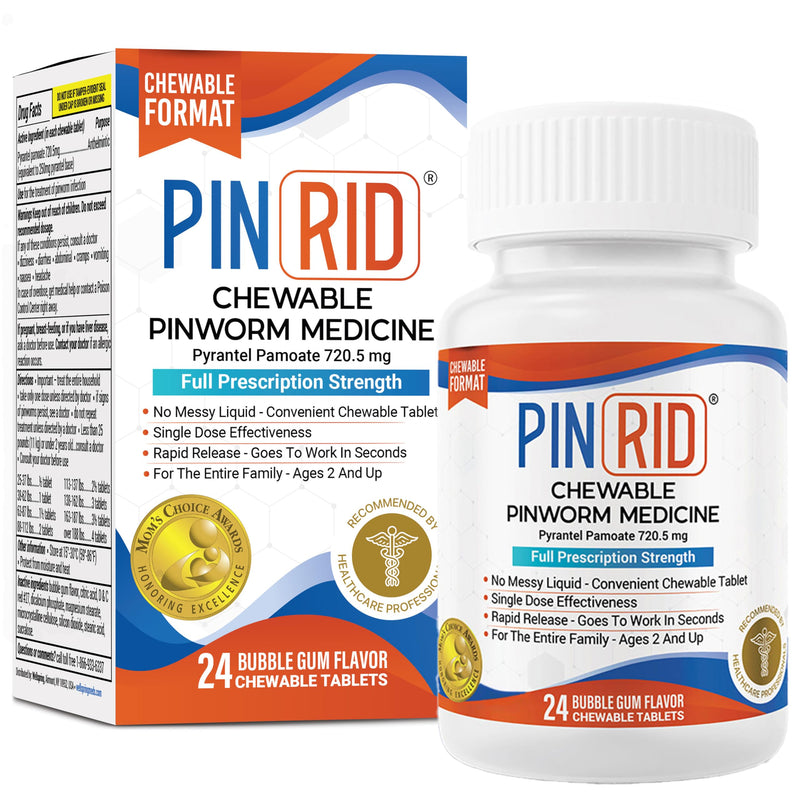 PIN RID Pinworm Medicine, 250mg Pyrantel Pamoate Chewable Tablets - Bubble Gum Flavor (24 Doses) - Prescription Strength Dewormer for Humans Adults & Kids Ages 2+ - Single-Dose Worm Treatment 24 Count (Pack of 1)