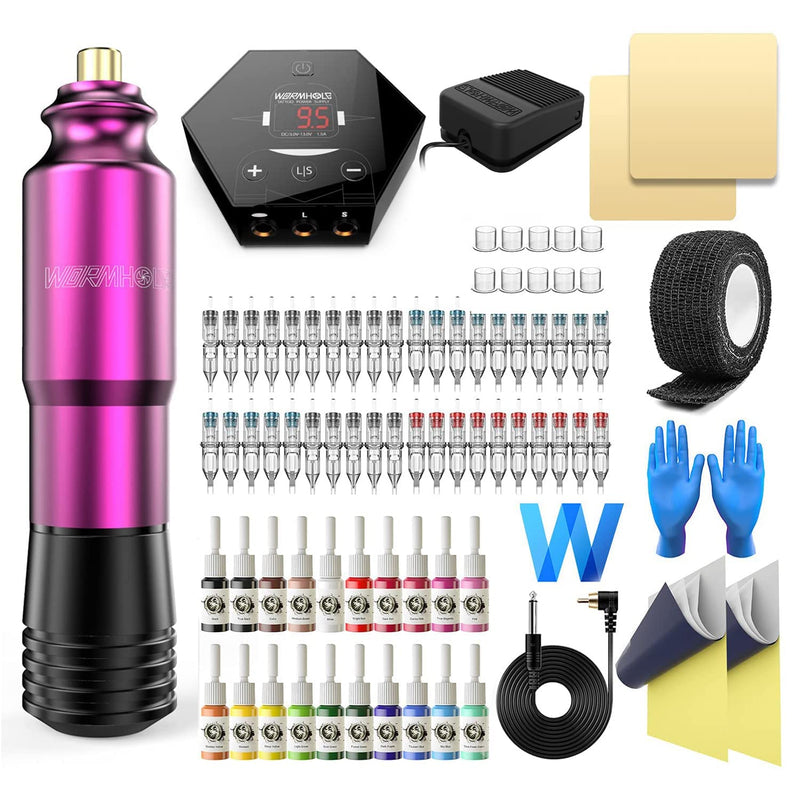 [Australia] - Wormhole Tattoo Kit Rotary Tattoo Machine Kit Professional Tattoo Gun 40pcs Cartridge Needles 20pcs Tattoo Inks Tattoo Power Supply Complete for Beginners and Artists TK202 Pink 