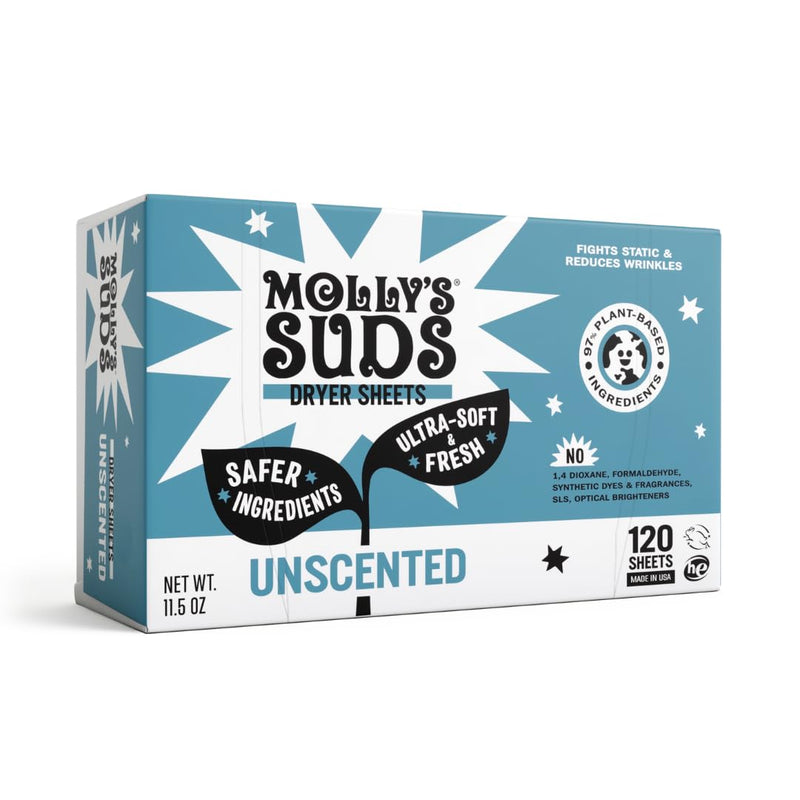 [Australia] - Molly's Suds Fabric Softener Dryer Sheets for Sensitive Skin | Plant-Based Static Reducer, Plastic-Free Packaging | Unscented (120 Sheets) 