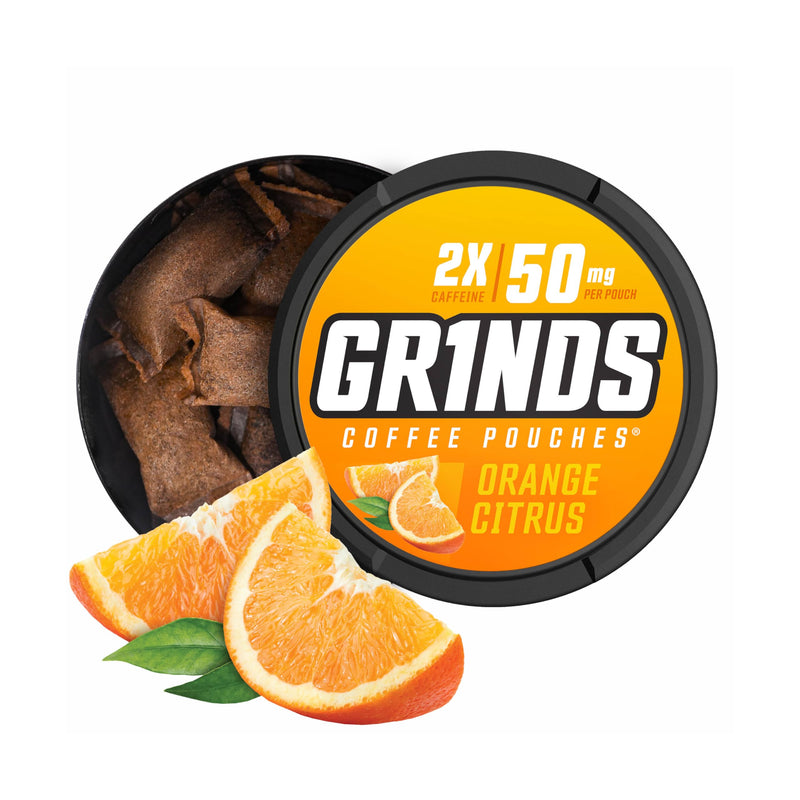GRINDS Coffee Pouches 18 Per Can | 3 Cans Orange Citrus | Caffeine Pouches | Clean Energy Option | Portable Energy | No Crash, No Jitter | B-Vitamins | Focus | Sugar Free | Brew-Free Coffee 18 Count (Pack of 3)