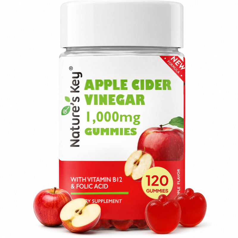 Nature's Key Apple Cider Vinegar Gummies -1000mg ACV Gummies Apple Cider with b12|Folic Acid|Vitamin B6|B12 |Beetroot |Pomegranate|Superfood|, Vegan, Non-GMO, Gluten Free 120 Count (Pack of 1)