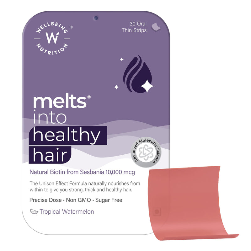 Wellbeing Nutrition Melts Healthy Hair (30 Oral Thin Strips) with Plant Based Biotin, Zinc, Bamboo Extract, Folic acid for Hair Nourishment, Strength and Thickness