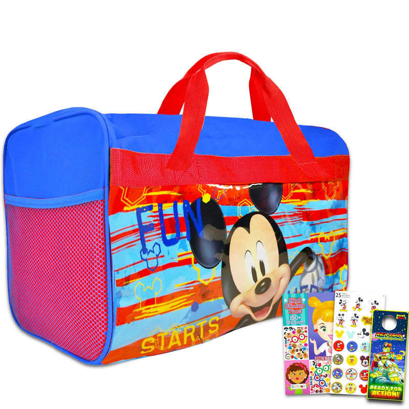 Disney Mickey Mouse Duffle Bag Set for Boys, Kids ~ 4 Pc Bundle With Mickey Carry On Travel Bag, Stickers, Door Hanger, and More | Mickey Mouse Sleepover Travel Activity Set