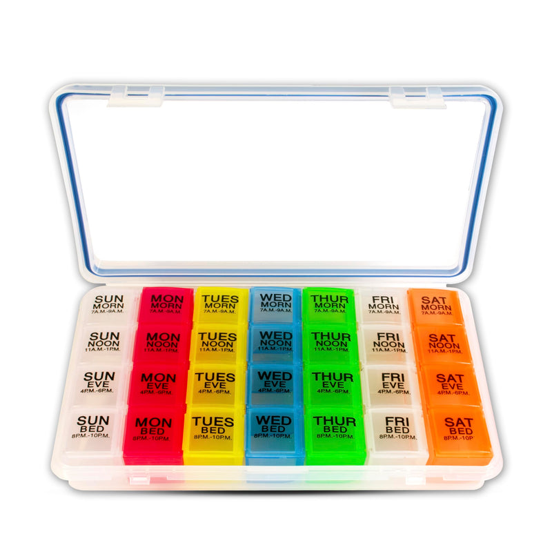 Pill Organizer Weekly 4 Times a Day, 7 Day Travel Medicine Organizer by GMS | Large Pill Box with Daily Removable Containers, Waterproof 4 Times a Day Easy Open Pill Organizer for Vitamins & Supplements