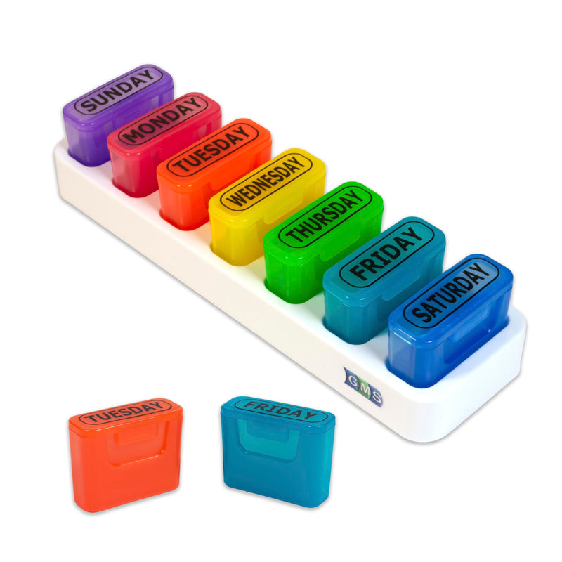 Weekly Pill Organizer, 7 Day Pop Out Daily Pill Pods for Travel & Home | GMS Portable Rainbow Medicine Pods with Tray, Medication, Vitamin & Supplement Holder Case with Secure Lids