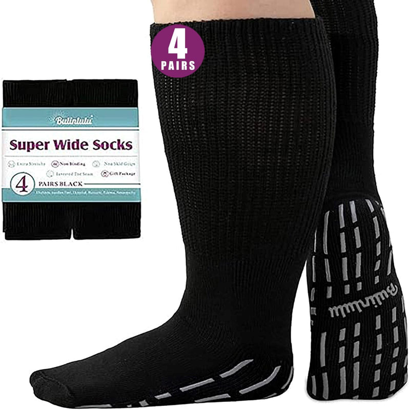 [Australia] - Extra Width Socks for Swollen Feet-4 Pairs Hospital Grip Socks,Bariatric Socks,Diabetic Socks for Women Men 13-15 Black 
