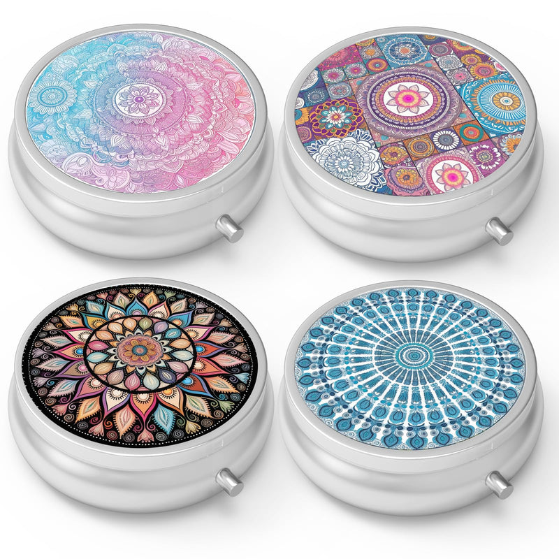 Pill Box 3 Compartment Medicine Pill Case,Portable Pill Box for Pocket or Purse Pill Box Decorative Metal Medicine Vitamin Organizer Unique Gift(4PCS) Set-4-style a 4 piece