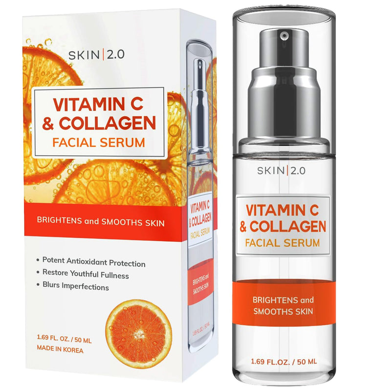 Skin 2.0 Vitamin C Serum - Dermatologist Tested, Anti-Aging & Dark Spot Remover - Brightening, Clean Beauty, Cruelty-Free, Korean Skincare for Glass Skin, All Skin Types - 1.69 Fl. oz Vitamin C and Collagen