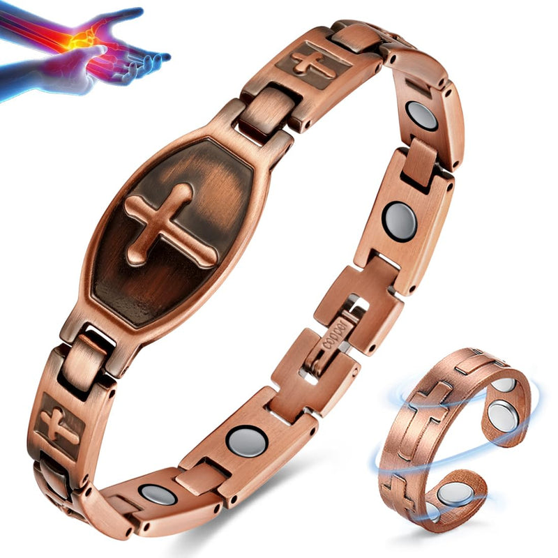 [Australia] - Vicmag Copper Magnetic Bracelet for Women 99.9% Solid Pure Copper Strong Magnets Jewelry Gift Adjustable Length Classic Cross 