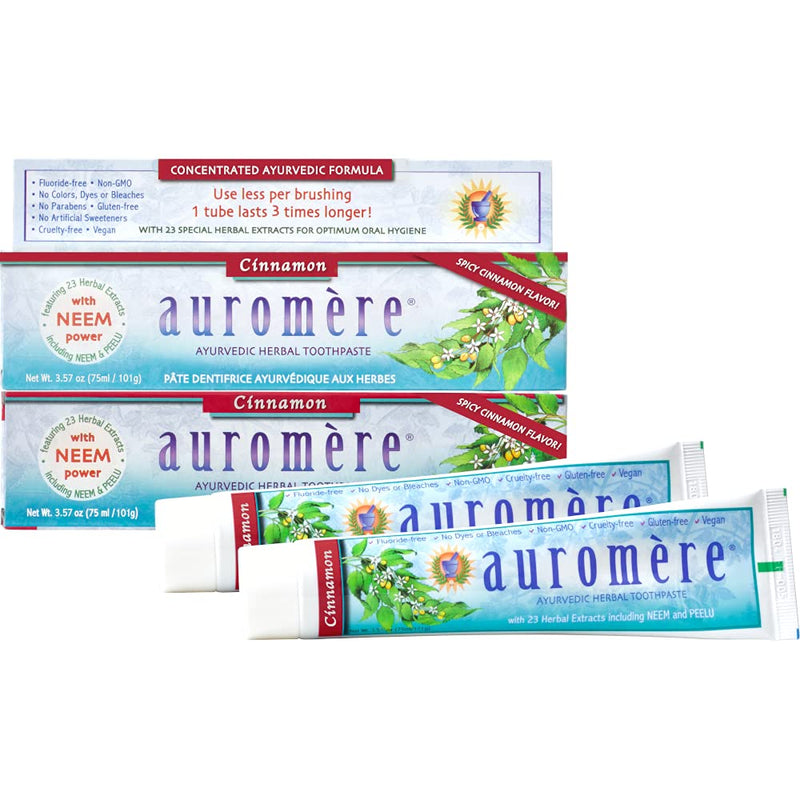 [Australia] - Auromere Ayurvedic Herbal Toothpaste, Cinnamon - Vegan, Natural, Non GMO, Fluoride Free, Gluten Free, with Neem & Peelu (3.57 oz), 2 Pack 