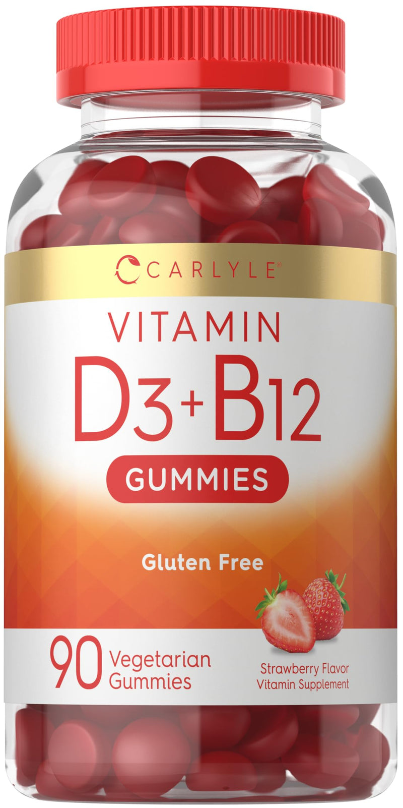 Carlyle Vitamin D3 + B12 Complex Gummies | 90 Count | Vegetarian, Non-GMO, and Gluten Free Formula | Strawberry Flavor Supplement | Vegetarian, Non-GMO, and Gluten Free Formula | Strawberry Flavor Supplement