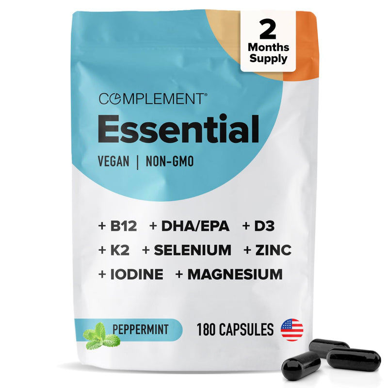 Complement Essential Vegan Multivitamin for Women & Men - Immune Support Supplement with Omega-3 DHA & EPA, B12, Vitamin D3 & K2, Zinc, Selenium, Magnesium, Iodine (60 Servings, 180 Capsules) 180 Count (Pack of 1) Vitamins Only