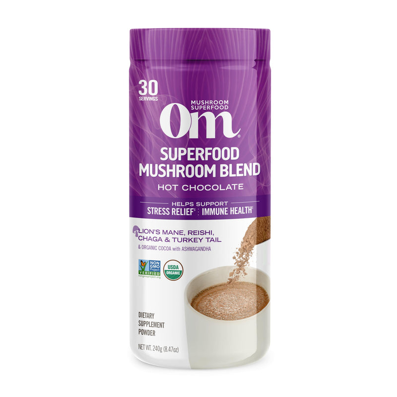 [Australia] - OM MUSHROOM SUPERFOOD Hot Chocolate Blend Mushroom Powder, 8.47 Ounce Canister, 30 Servings, Cocoa, 2g of Sugar, 25 Calories, Lion's Mane, Reishi, Chaga, Turkey Tail, Focus and Stress Support 8.47 Ounce (Pack of 1) 