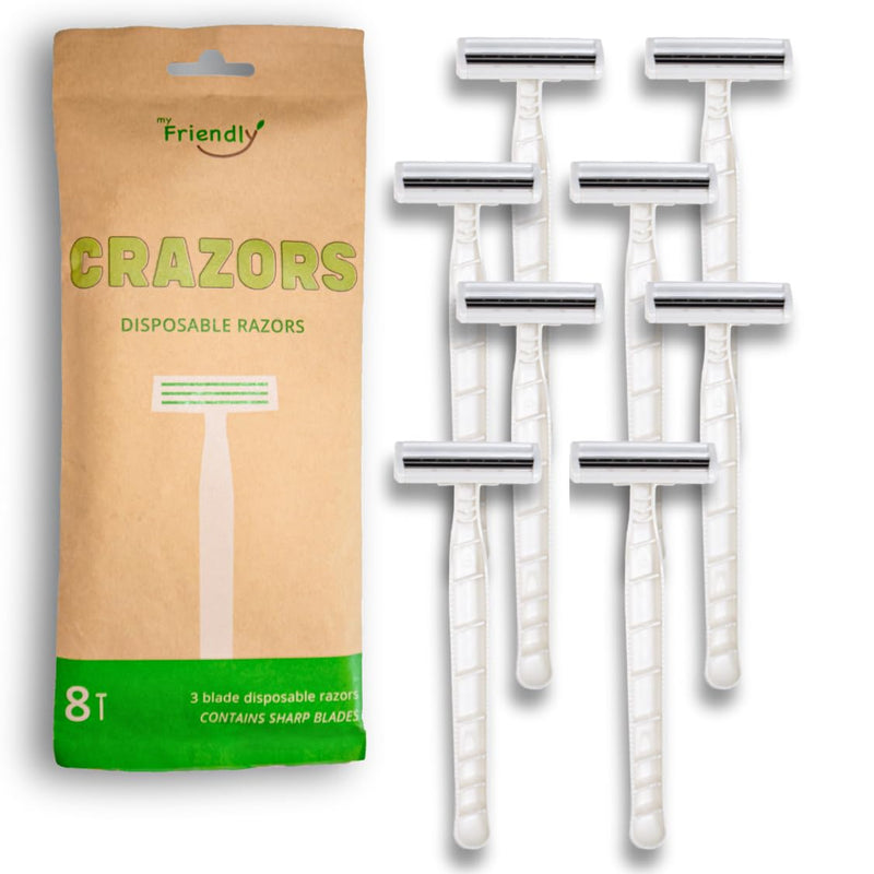[Australia] - Hair Removal Crazors 3 Blades – Disposable Razors for Men/Women's Grooming – Single-Use Body & Face Shaver – Raw-Material Earth+Skin Loving Travel-Size Toiletries – 8-Pack by MyFriendly 