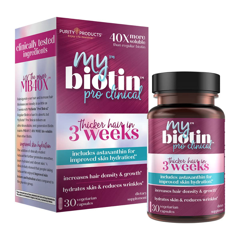 [Australia] - Purity Products MyBiotin ProClinical – Thicker Hair in 3 Weeks & Fights Wrinkles - MB40X Patented Biotin Matrix w/Astaxanthin 40X More Soluble vs Ordinary Hair, Skin Nails 30 Veg Caps 1 
