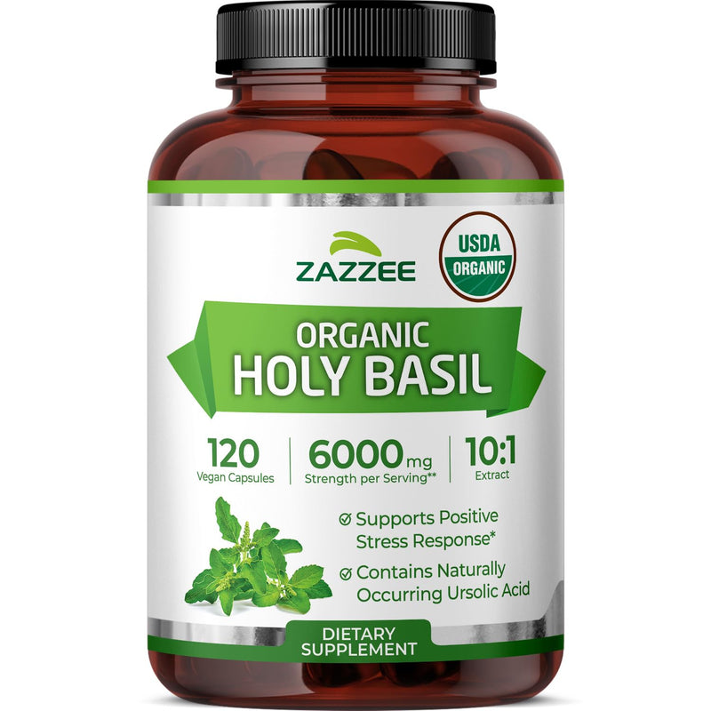 [Australia] - Zazzee USDA Organic Holy Basil 10:1 Extract, 6000 mg Strength, 120 Vegan Capsules, Concentrated and Standardized 10X Tulsi Extract, Ursolic Acid, 100% Certified Organic, Non-GMO 