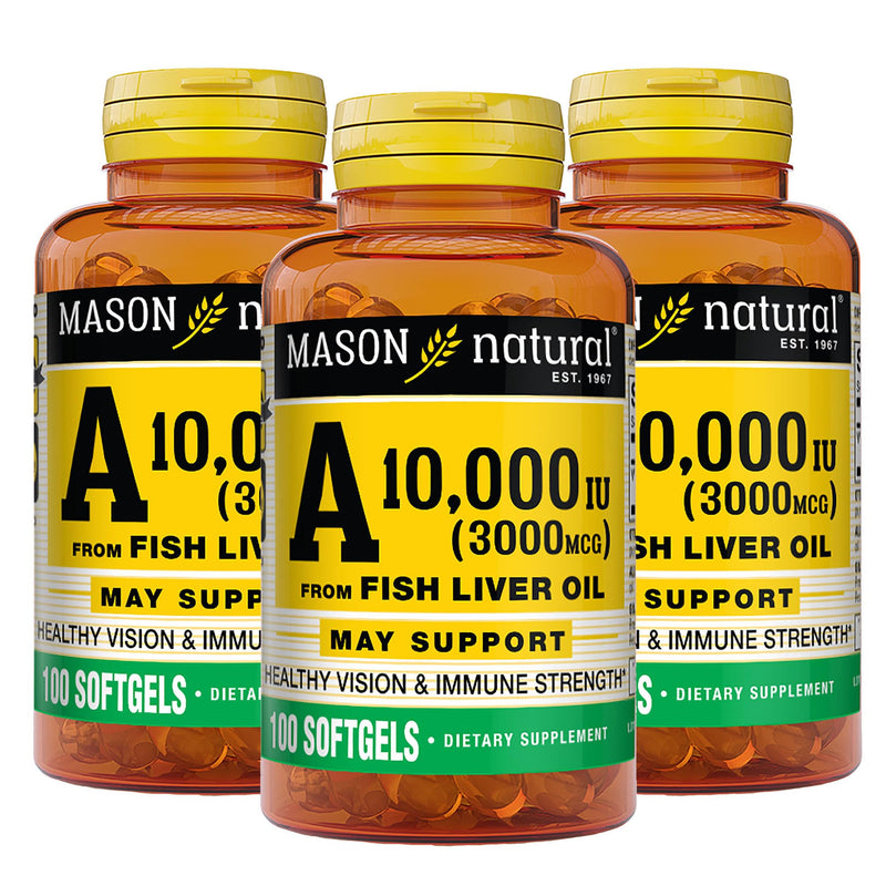 [Australia] - MASON NATURAL Vitamin A 3,000 mcg (10,000 IU) from Fish Liver Oil, Supports Vision & Immune Health, 100 Softgels, Pack of 3 Unflavored 100 Count (Pack of 3) 