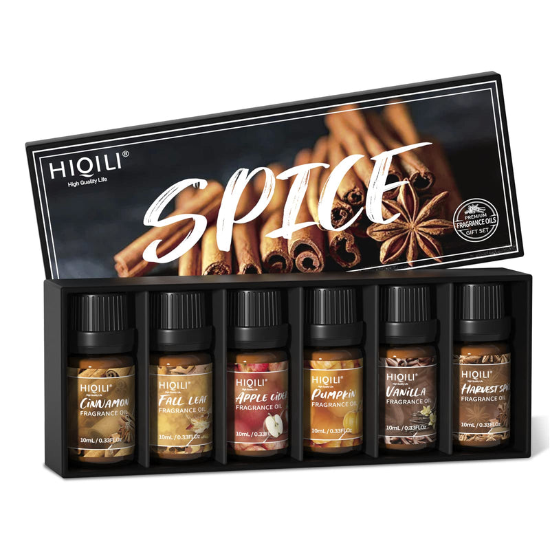 [Australia] - HIQILI Spice Fragrance Oil, Scented Oil 6x10ml for Candle Making Soap Slime, Fall Essential Oils for Diffuser Home, Cinnamon Pumpkin Vanilla Apple Cider Harvest Spice Fall Leaf, Christmas 0.33 Fl Oz (Pack of 6) 