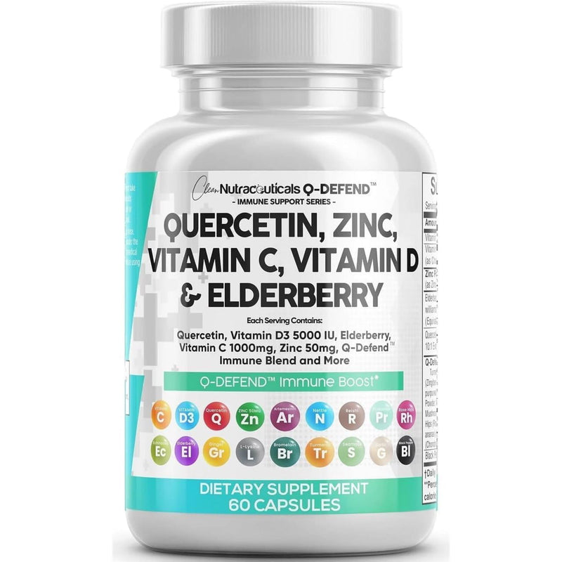Q Defend Quercetin Supplement with Zinc Vitamin C Vitamin D Elderberry Turmeric Black Pepper Garlic Ginger Sea Moss Lysine Stinging Nettle Reishi Mushroom Immune Support 60 Capsules 60 Count (Pack of 1)