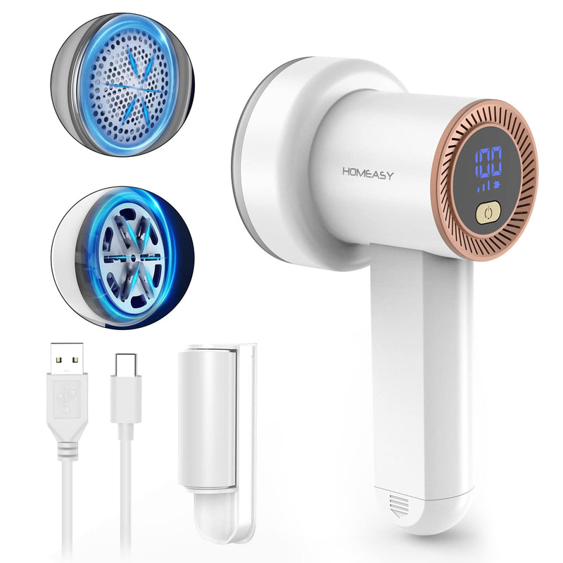 [Australia] - Fabric Shaver Fuzz Remover Rechargeable, HOMEASY Electric Lint Remover Shaver with 3 Blades & LED Digital Display, Sweater Couch Fabric Pill Shaver for Sweater, Couch, Furniture (White) White 