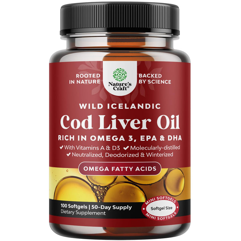 [Australia] - Icelandic Cod Liver Oil Softgels - Wild Caught EPA DHA Omega 3 Fish Oil 1000mg per serving - Sustainably Sourced Burpless Fish Oil Supplement with Vitamin D3 & A for Heart Joint Brain & Immune Support 100 Count (Pack of 1) 