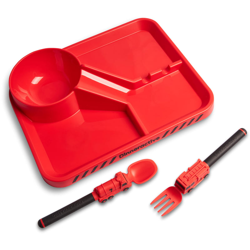 [Australia] - Dinneractive Dining Set For Kids - 3PC Red Firefighter Dinnerware - Fire Truck Utensils - Toddler Plates - Baby Dishes Firefighter Red 