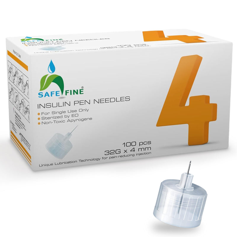 [Australia] - Safe Fine Insulin Pen Needles 4mm 32G (5/32" x 0.23 mm) Thin Wall Technology, Diabetic Needles for Insulin Injections, Compatible with Most Diabetes Pens, 100 Pcs/Box 4 mm 32G 
