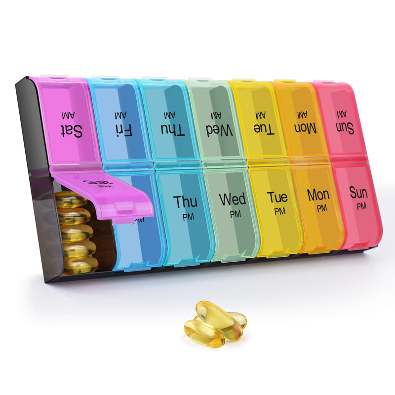 GREENCYCLE Extra Large Weekly Pill Organizer 2 Times A Day,7 Day Pill Box AM PM Medicine Planner Dispenser Case with XXL Compartment Home Pill Container for Vitamins Fish Oil Supplements (Rainbow)