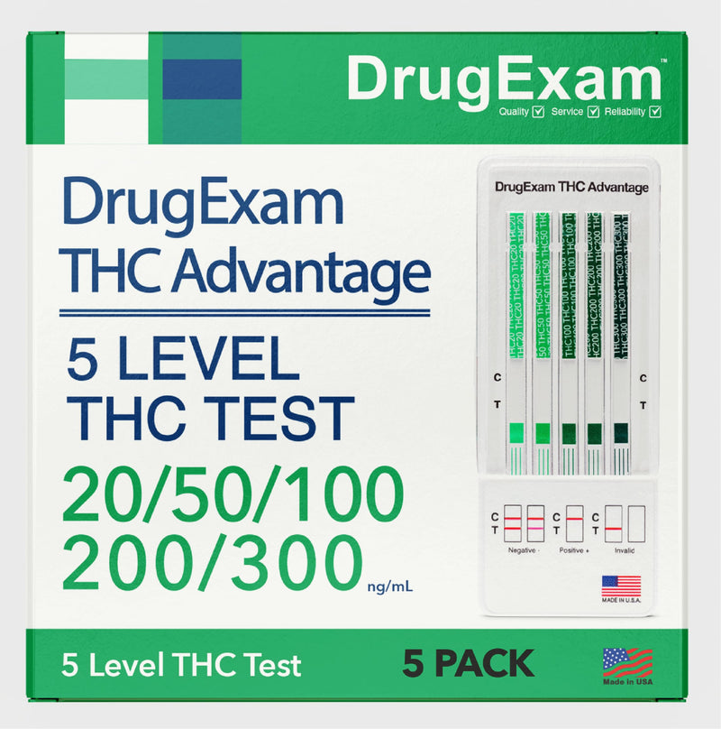 [Australia] - 5 Pack - DrugExam THC Advantage Made in USA Multi Level Marijuana Urine Test Kit. Highly Sensitive THC 5 Level Drug Test Kit. Detects at 20 ng/mL, 50 ng/mL, 100 ng/mL, 200 ng/mL and 300 ng/mL (5) 