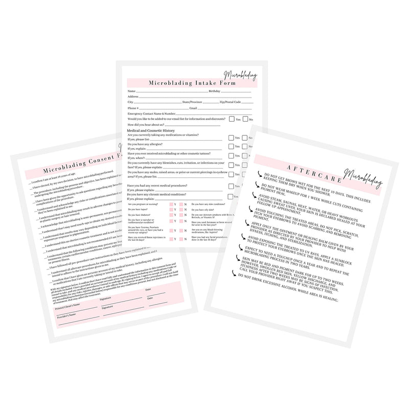 [Australia] - Microblading Intake, Consent, and Aftercare Form | Printed Physical 8.5 x 11" A1 Forms | Clients Signature | White and Pink Design 
