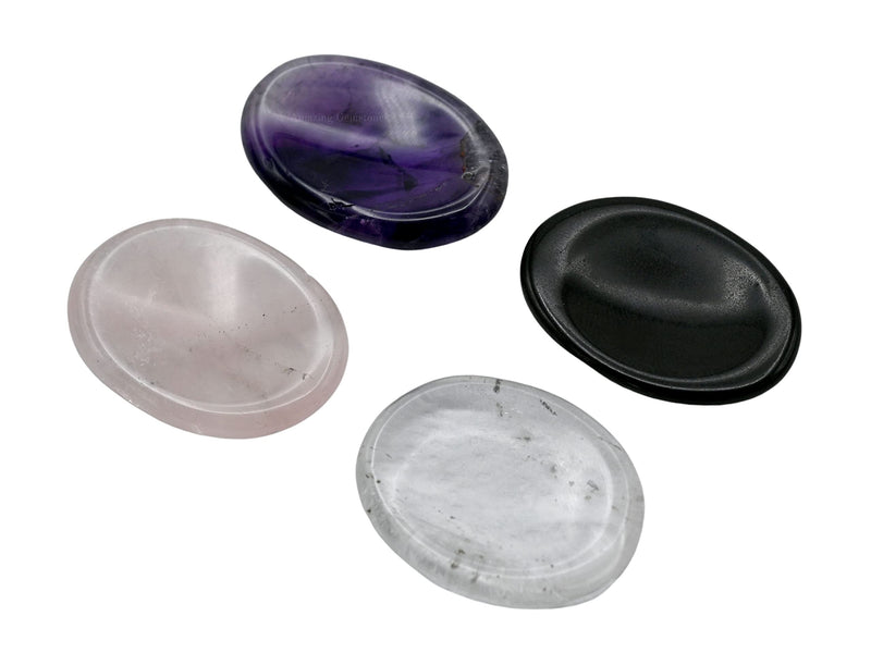 Amazing Gemstone Set of 4 Thumb Worry Rubbing Stone for Anxiety Healing ~ Amethyst, Rose Quartz, Clear Quartz, Black Agate Oval Cabochon Stone ~ Easy to Carry Natural Crystal Pocket Palm Stone
