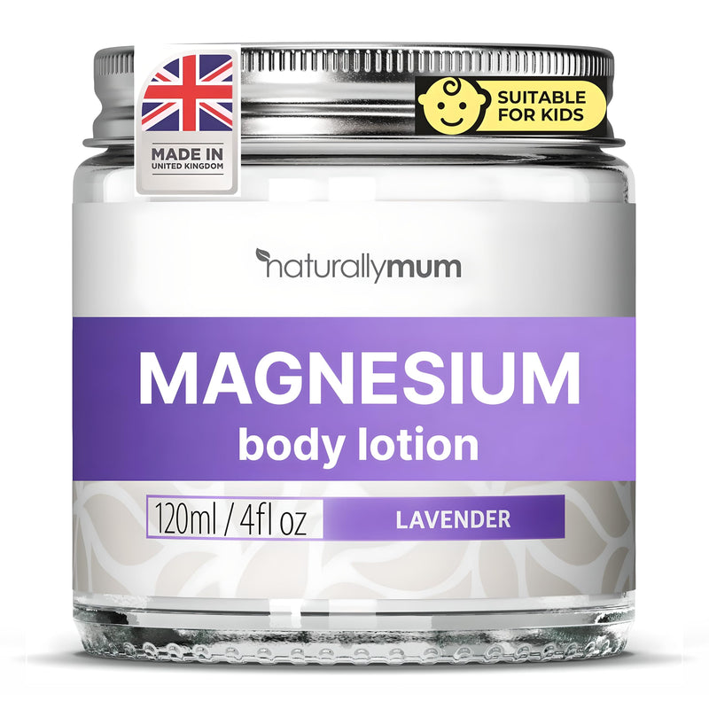 NaturallyMum - Magnesium Body Lotion [NATURAL & VEGAN] - Topical Magnesium Chloride Cream Lotion Support for Sleep, Bone, Heart & Muscle Health - Lavender - Made in UK & Safe for Kids 4 Fl Oz (Pack of 1)