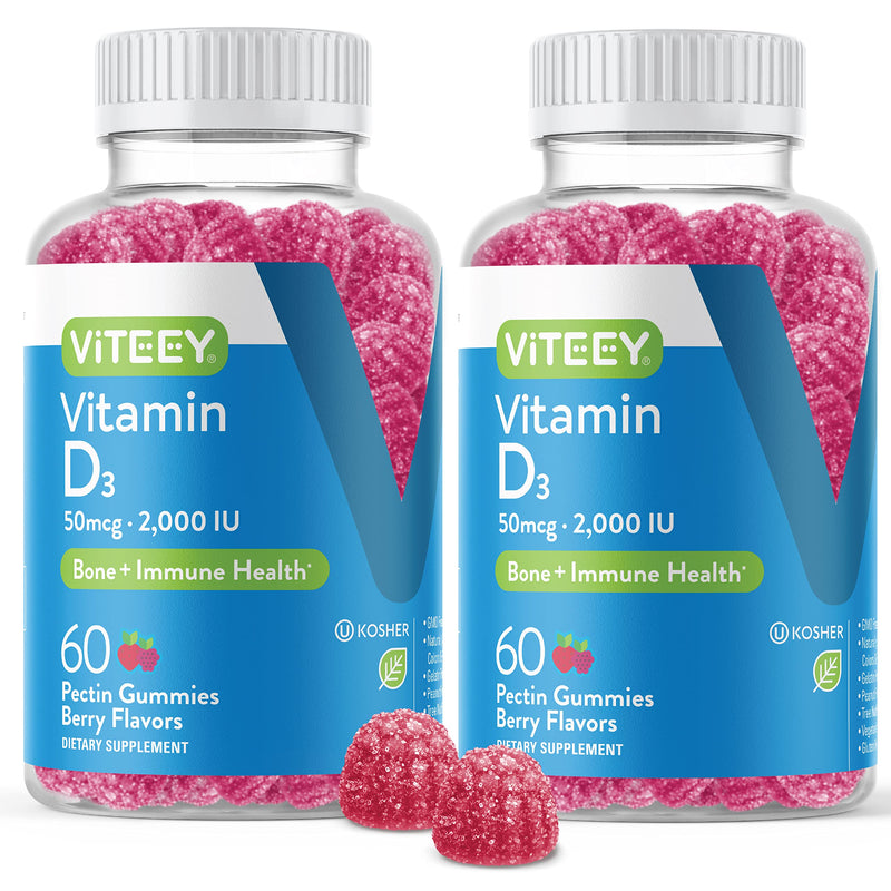 Viteey Vitamin D3 Gummies for Adults & Teens - 2,000 IU, 50mcg | Regular Strength - Joint & Muscle Health, Immune Boost - Chewable Vitamin D Gummies - Vegetarian, Gelatin Free - 120 Count 60 Count (Pack of 2)