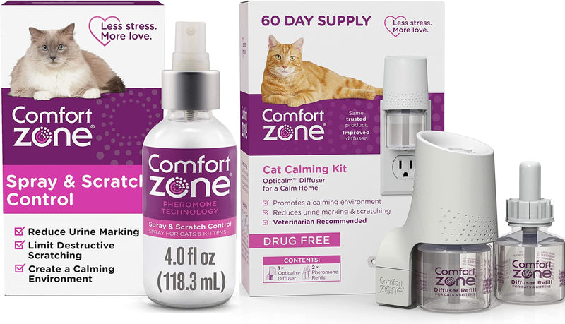 Comfort Zone Cat Calming Spray & Cat Calming Pheromone Diffuser Kit - 1 Diffuser Plus 2 Refill Spray + Diffuser Kit - PawsPlanet Australia