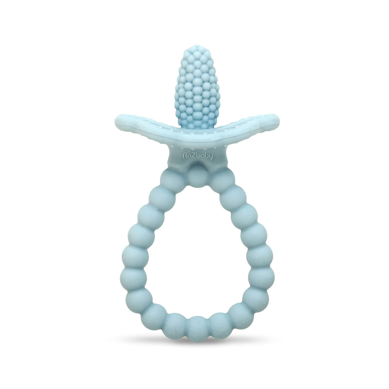 [Australia] - RaZbaby Silicone Baby Teether, BerryBumps Textured Silicone Soothes Babies’ Sore Gums, Infant Front and Back Teething Relief Toy, BPA Free, Easy-to-Hold, RaZberry Plus Fruit Shape, 3M+ – Blue 