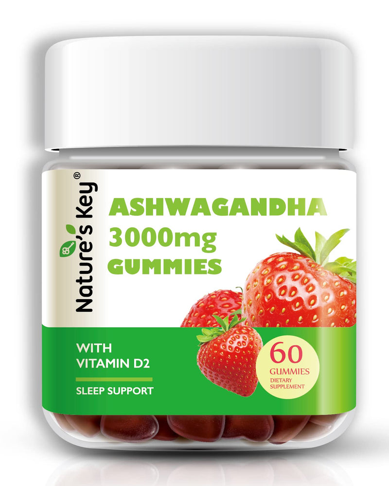 [Australia] - Nature's Key Ashwagandha Gummies, 3000mg High Potency Ashwagandha Root Extract with Vitamin D2, Stress, Calm Mood & Cognition, for Men & Women, Strawberry Flavor (60 Count (Pack of 1) 60 Count (Pack of 1) 