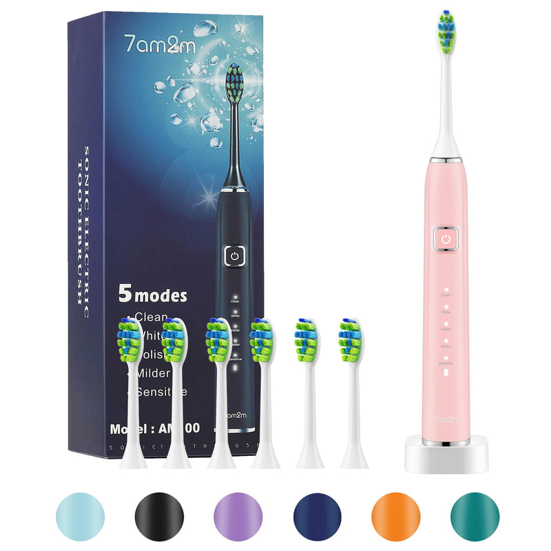 [Australia] - 7AM2M Sonic Electric Toothbrush with 6 Brush Heads for Adults and Kids, One Charge for 90 Days, Wireless Fast Charge, 5 Modes with 2 Minutes Built in Smart Timer, Electric Toothbrushes(Pink) Pink 1 Count (Pack of 1) 