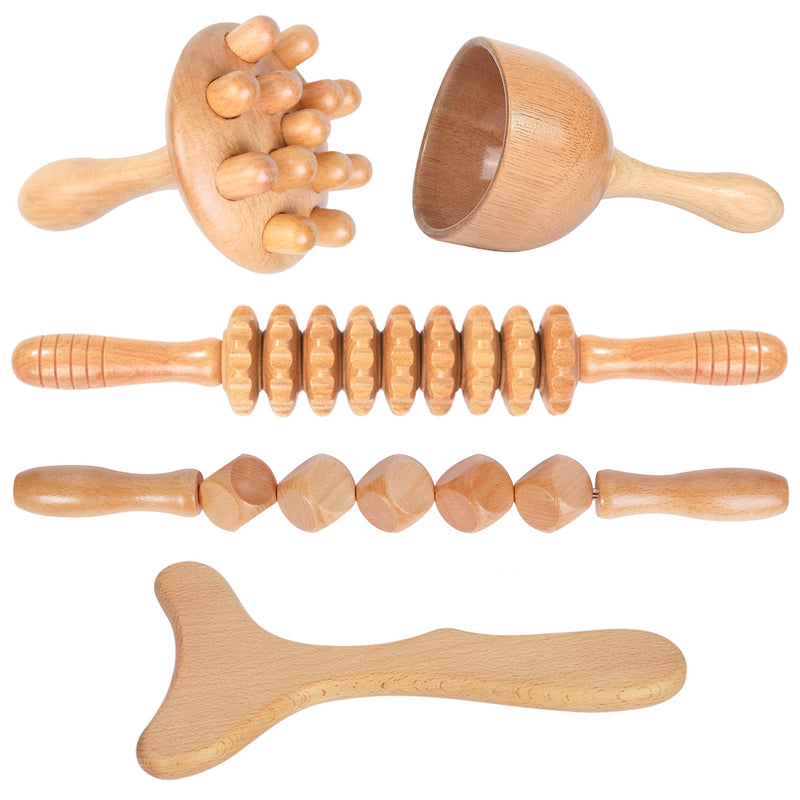 [Australia] - Wood Therapy Massage Tools 5-in-1 Lymphatic Drainage Massager Maderoterapia Kit Wooden Massager Body Sculpting Tools for Muscle Pain Relief, Anti-Cellulite, Body Contouring and Shaping 