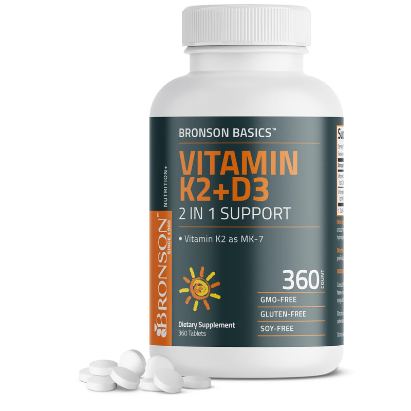 Bronson Vitamin K2 D3 (MK7) Supplement 2-in-1 D3 & K2 Complex, 360 Tablets | Bone, Immune & Heart Health Support, Gluten-Free, Soy-Free, Non-GMO, Vitamin D3 5000 IU (125 mcg) & 90 mcg K2 MK-7 360 Count (Pack of 1)