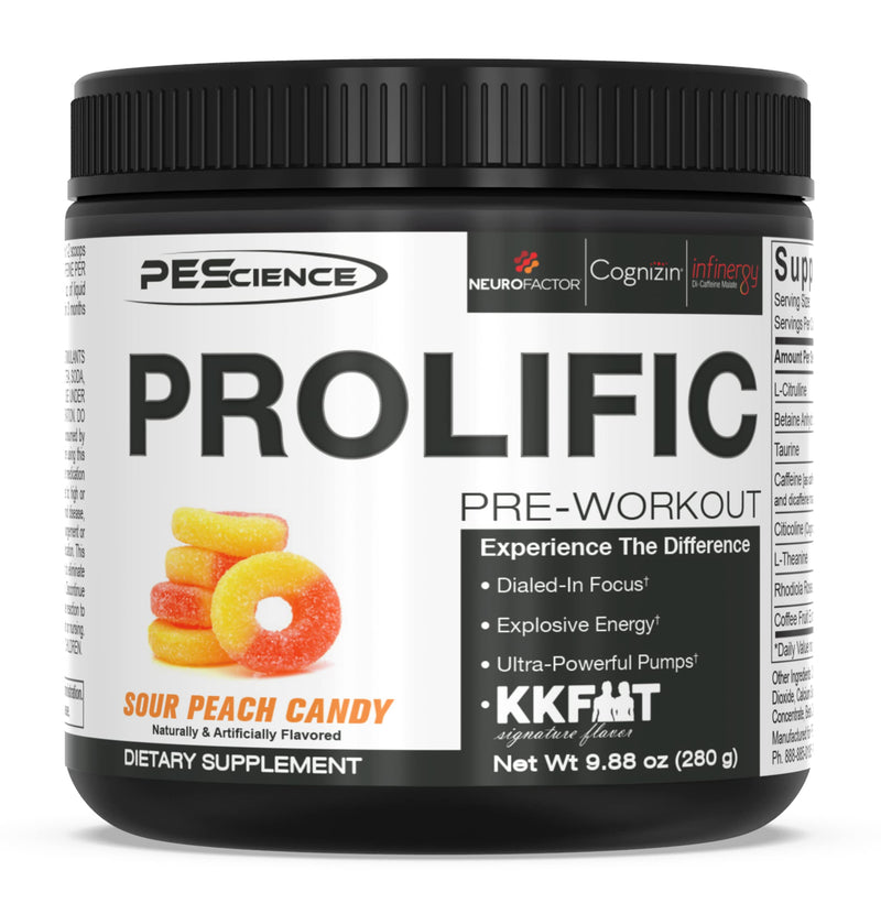 [Australia] - PEScience Prolific Pre Workout Powder, Sour Peach Candy, 40 Scoop, Energy Supplement with Nitric Oxide, KK Fit Signature Flavor 