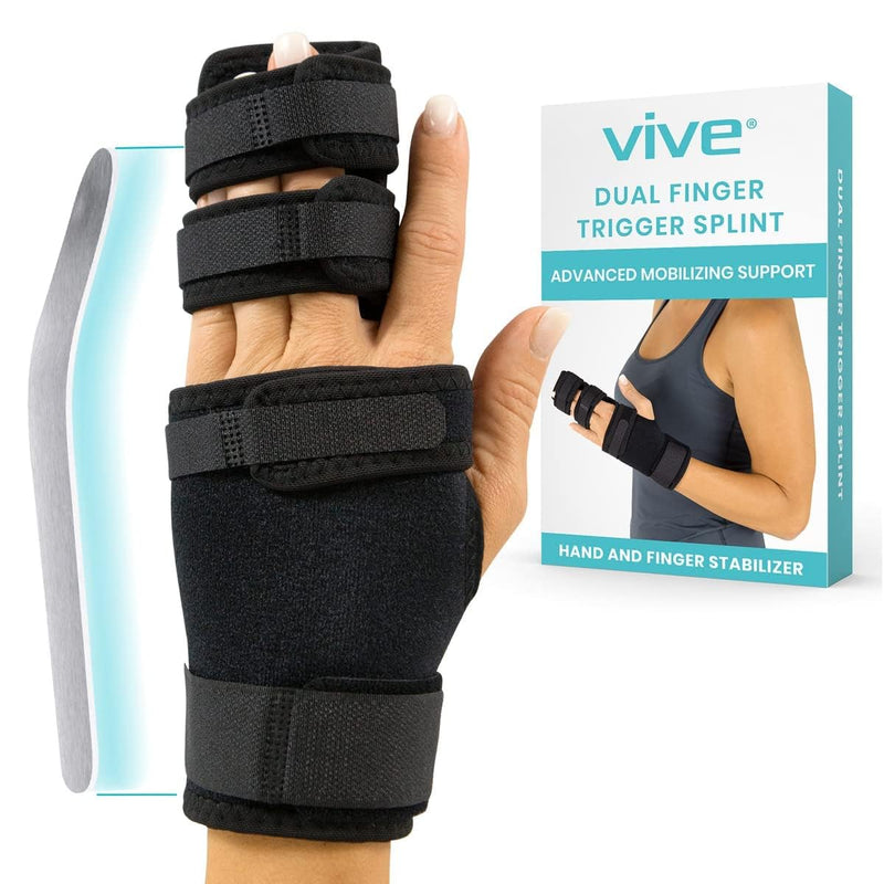 [Australia] - Vive Trigger Finger Splint - 2 Finger Brace for Middle, Index, Pinky, or Ring Fingers - Adjustable Hand and Wrist Support - Straightening Immobilizer for Broken Fingers, Arthritis, and Contractures Black 