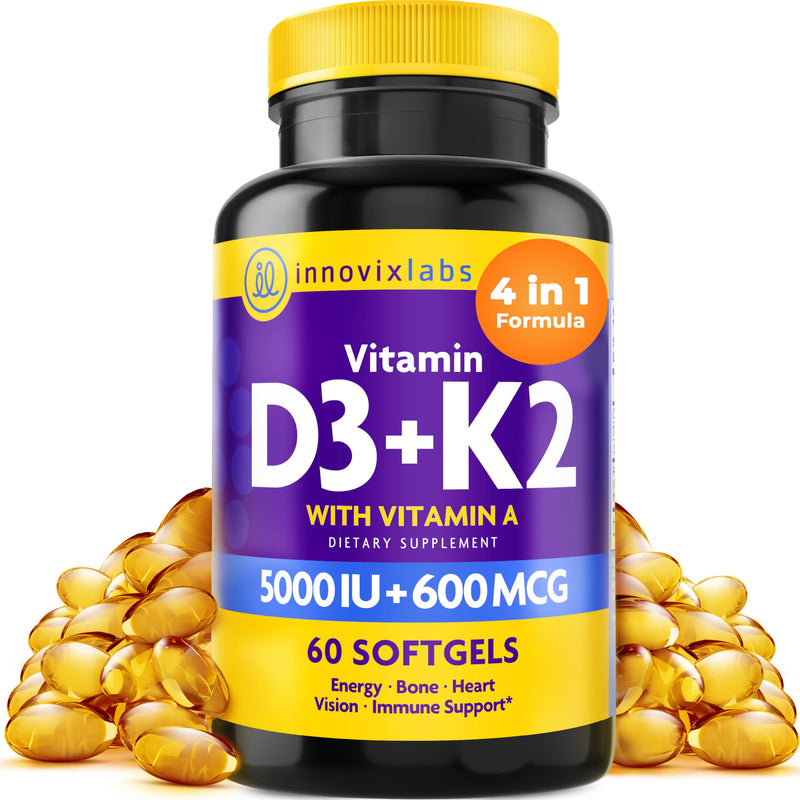 [Australia] - InnovixLabs Vitamin D3 K2-5000 IU Vitamin D3 Plus 600 mcg Vitamin K2 MK4 and MK7 for Max Calcium Absorption, Supports Bone, Immune, Heart Health, 3rd Party Tested, Gluten Free, 60 Softgels 